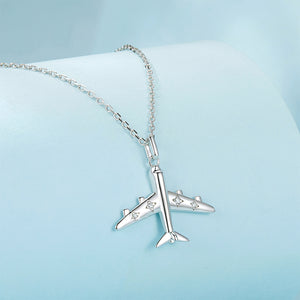 925 Sterling Silver Simple Creative Airplane Pendant with Cubic Zirconia and Necklace