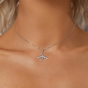 925 Sterling Silver Simple Creative Airplane Pendant with Cubic Zirconia and Necklace
