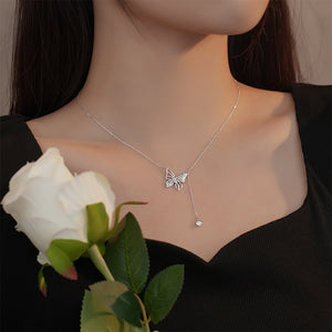 925 Sterling Silver Fashion and Elegant Butterfly Tassel Pendant with Cubic Zirconia and Necklace