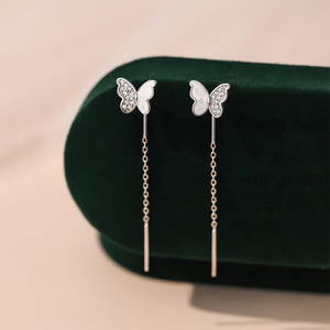 925 Sterling Silver Simple Sweet Butterfly Tassel Stud Earrings with Cubic Zirconia