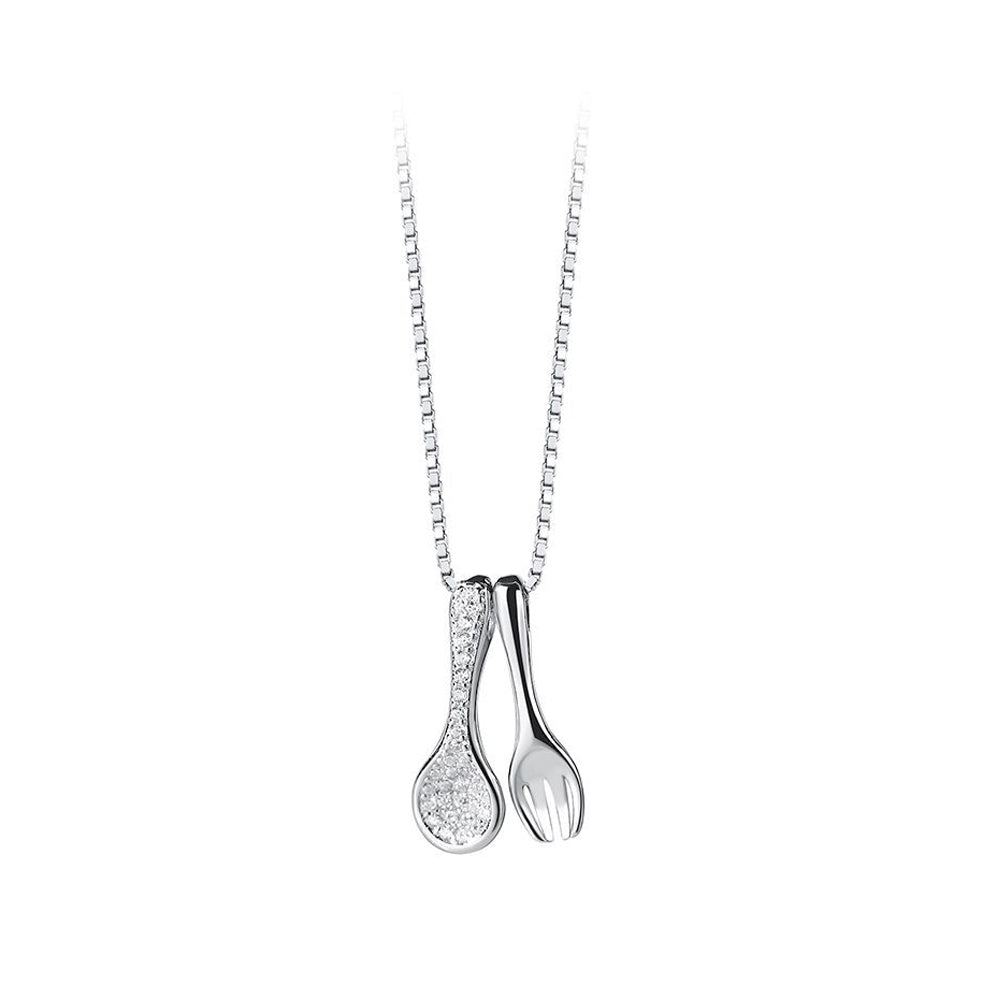925 Sterling Silver Simple Creative Spoon and Fork Pendant with Cubic Zirconia and Necklace