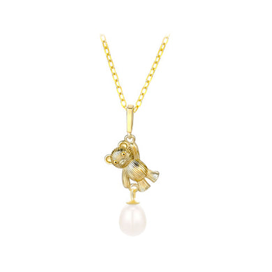 925 Sterling Silver Plated Gold Fashion Cute Bear Freshwater Pearl Pendant with Necklace