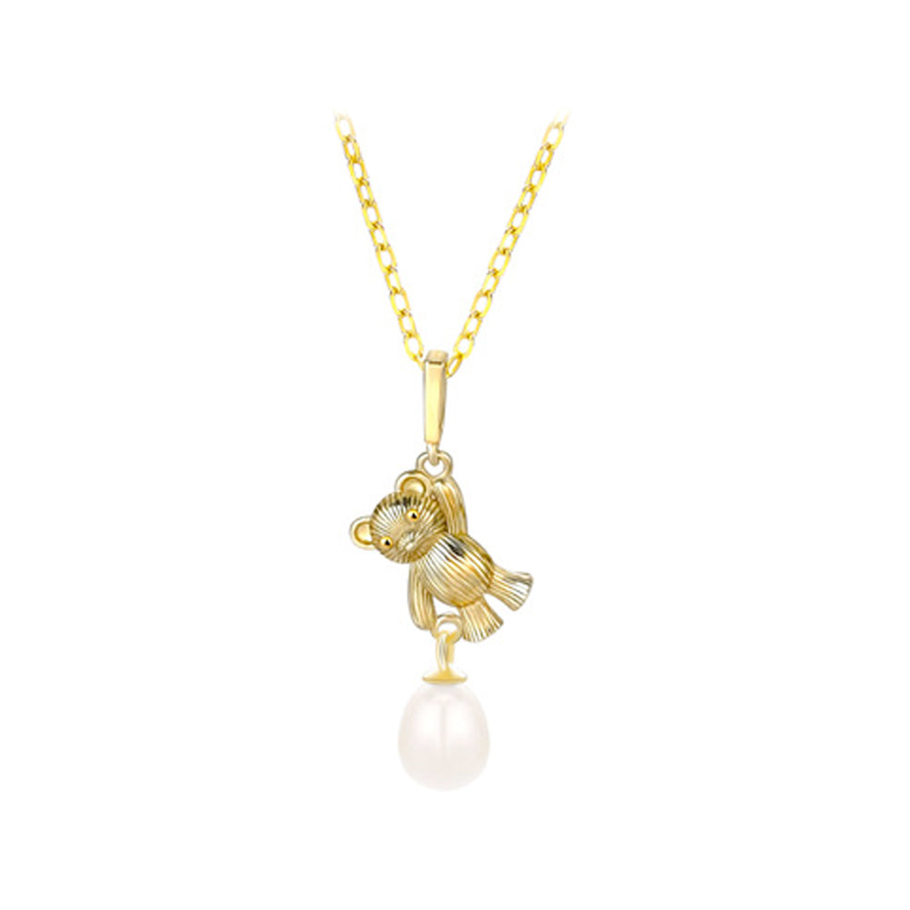 925 Sterling Silver Plated Gold Fashion Cute Bear Freshwater Pearl Pendant with Necklace