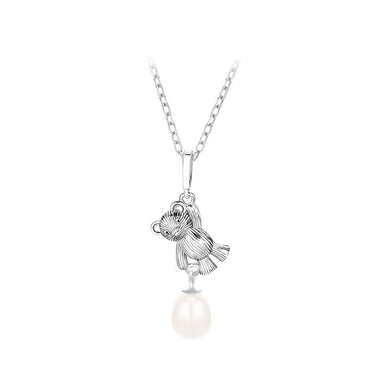 925 Sterling Silver Fashion Cute Bear Freshwater Pearl Pendant with Necklace