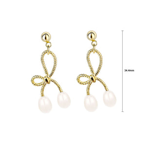 925 Sterling Silver Plated Gold Simple Sweet Ribbon Freshwater Pearl Earrings