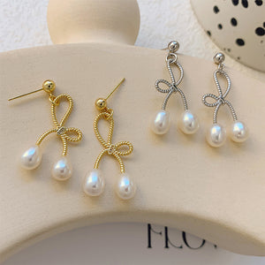 925 Sterling Silver Plated Gold Simple Sweet Ribbon Freshwater Pearl Earrings
