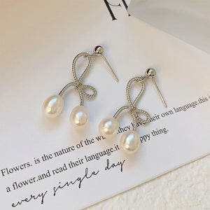 925 Sterling Silver Simple Sweet Ribbon Freshwater Pearl Earrings