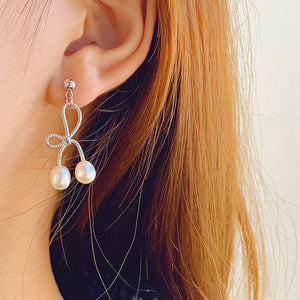 925 Sterling Silver Simple Sweet Ribbon Freshwater Pearl Earrings