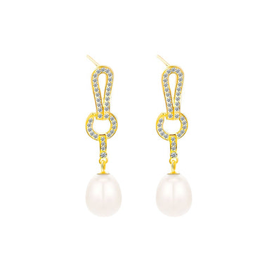 925 Sterling Silver Plated Gold Fashion Elegant Geometric Tassel Freshwater Pearl Earrings with Cubic Zirconia