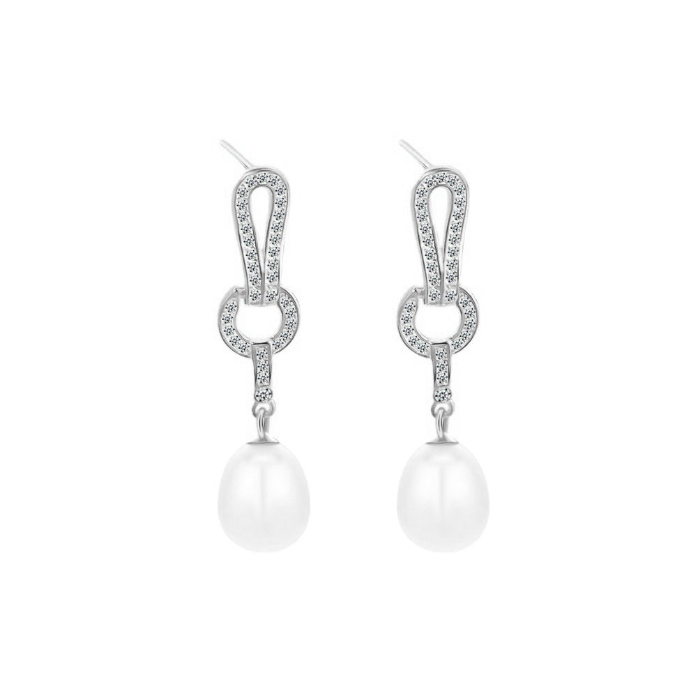 925 Sterling Silver Fashion Elegant Geometric Tassel Freshwater Pearl Earrings with Cubic Zirconia