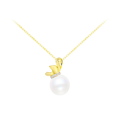 925 Sterling Silver Plated Gold Fashion Simple Lucky Bag Imitation Pearl Pendant with Cubic Zirconia and Necklace