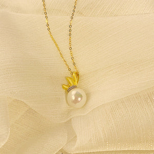925 Sterling Silver Plated Gold Fashion Simple Lucky Bag Imitation Pearl Pendant with Cubic Zirconia and Necklace