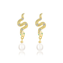 Load image into Gallery viewer, 925 Sterling Silver Plated Gold Fashion Personalized Snake Shape Freshwater Pearl Earrings with Cubic Zirconia