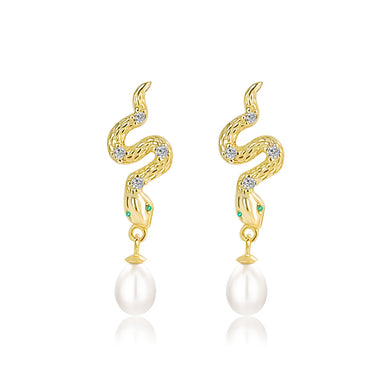 925 Sterling Silver Plated Gold Fashion Personalized Snake Shape Freshwater Pearl Earrings with Cubic Zirconia