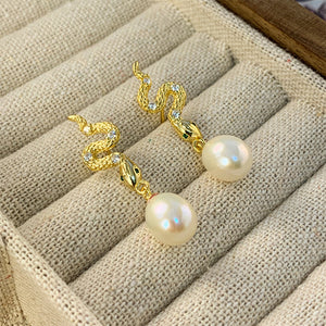 925 Sterling Silver Plated Gold Fashion Personalized Snake Shape Freshwater Pearl Earrings with Cubic Zirconia
