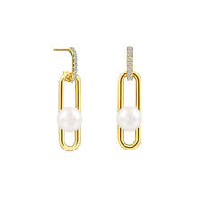 Load image into Gallery viewer, 925 Sterling Silver Plated Gold Simple Temperament Hollow Geometric Freshwater Pearl Earrings with Cubic Zirconia