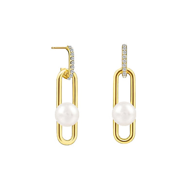 925 Sterling Silver Plated Gold Simple Temperament Hollow Geometric Freshwater Pearl Earrings with Cubic Zirconia