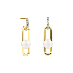 925 Sterling Silver Plated Gold Simple Temperament Hollow Geometric Freshwater Pearl Earrings with Cubic Zirconia
