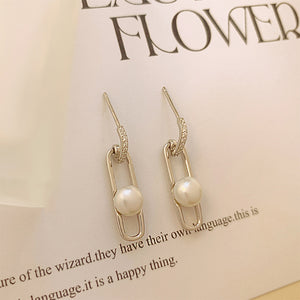 925 Sterling Silver Simple Temperament Hollow Geometric Freshwater Pearl Earrings with Cubic Zirconia