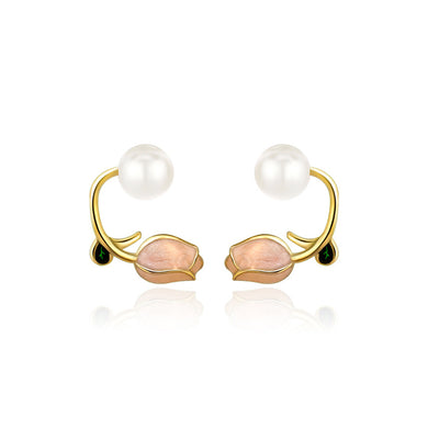 925 Sterling Silver Plated Gold Fashion Temperament Enamel Tulip Freshwater Pearl Stud Earrings