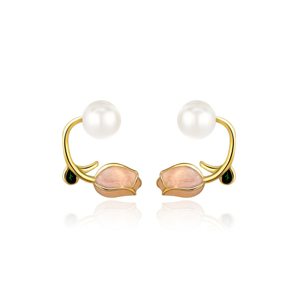 925 Sterling Silver Plated Gold Fashion Temperament Enamel Tulip Freshwater Pearl Stud Earrings