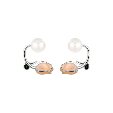 925 Sterling Silver Fashion Temperament Enamel Tulip Freshwater Pearl Stud Earrings