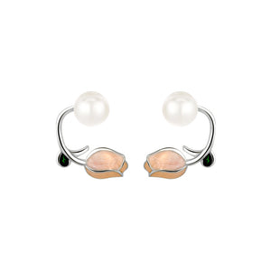 925 Sterling Silver Fashion Temperament Enamel Tulip Freshwater Pearl Stud Earrings