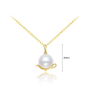 925 Sterling Silver Plated Gold Simple Creative Teapot Imitation Pearl Pendant with Cubic Zirconia and Necklace