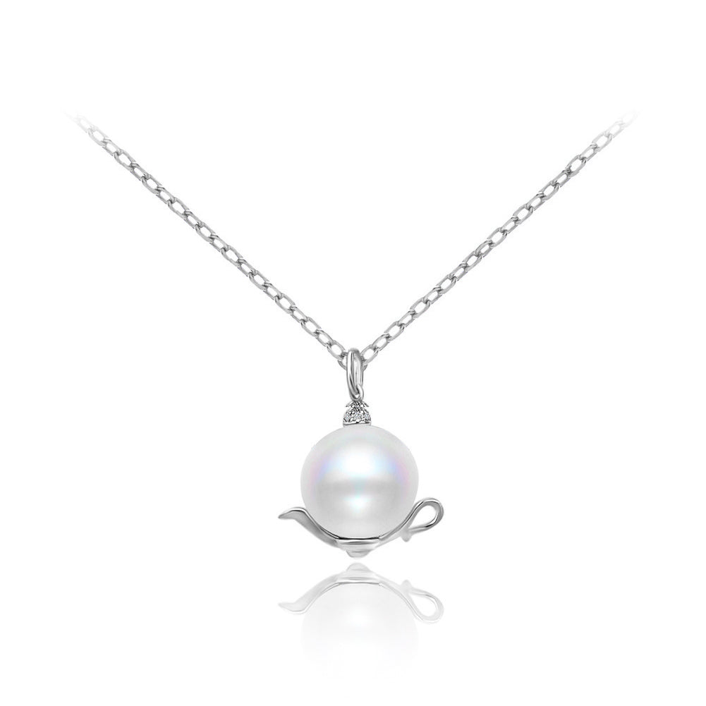 925 Sterling Silver Simple Creative Teapot Imitation Pearl Pendant with Cubic Zirconia and Necklace