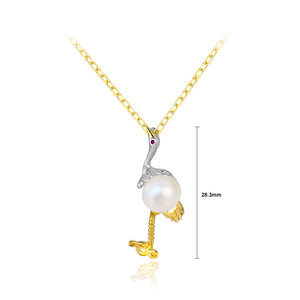 925 Sterling Silver Plated Gold Fashion and Elegant Red-crowned Crane Freshwater Pearl Pendant with Necklace