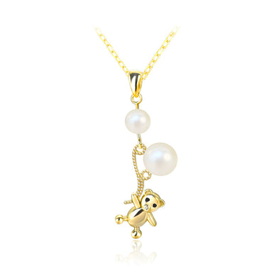 925 Sterling Silver Plated Gold Fashion and Creative Balloon Bear Pendant with Freshwater Pearls and Necklace