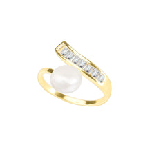 Load image into Gallery viewer, 925 Sterling Silver Plated Gold Fashion Simple Geometric Freshwater Pearl Adjustable Open Ring with Cubic Zirconia