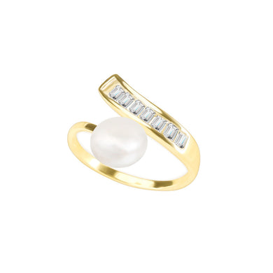 925 Sterling Silver Plated Gold Fashion Simple Geometric Freshwater Pearl Adjustable Open Ring with Cubic Zirconia