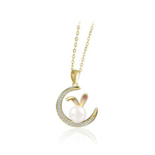 Load image into Gallery viewer, 925 Sterling Silver Plated Gold Fashion Temperament Rabbit Moon Freshwater Pearl Pendant with Cubic Zirconia and Necklace
