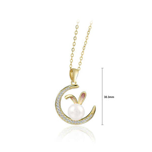 925 Sterling Silver Plated Gold Fashion Temperament Rabbit Moon Freshwater Pearl Pendant with Cubic Zirconia and Necklace