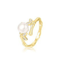 Load image into Gallery viewer, 925 Sterling Silver Plated Gold Fashion Creative Bamboo Freshwater Pearl Adjustable Open Ring with Cubic Zirconia