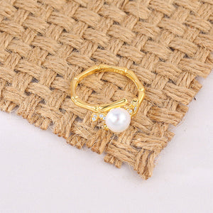 925 Sterling Silver Plated Gold Fashion Creative Bamboo Freshwater Pearl Adjustable Open Ring with Cubic Zirconia