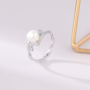 925 Sterling Silver Fashion Creative Bamboo Freshwater Pearl Adjustable Open Ring with Cubic Zirconia