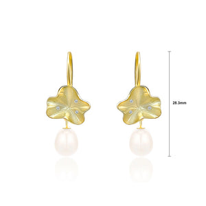 925 Sterling Silver Plated Gold Fashion Temperament Lotus Leaf Freshwater Pearl Earrings