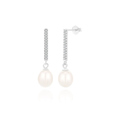 925 Sterling Silver Fashion Simple Bar Geometric Freshwater Pearl Earrings with Cubic Zirconia