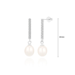 925 Sterling Silver Fashion Simple Bar Geometric Freshwater Pearl Earrings with Cubic Zirconia