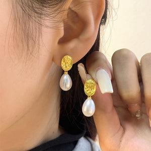 925 Sterling Silver Plated Gold Fashion Vintage Beauty Pattern Geometric Freshwater Pearl Earrings