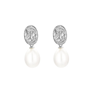 925 Sterling Silver Fashion Vintage Beauty Pattern Geometric Freshwater Pearl Earrings