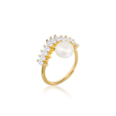 925 Sterling Silver Plated Gold Simple Personality Geometric Freshwater Pearl Adjustable Ring with Cubic Zirconia