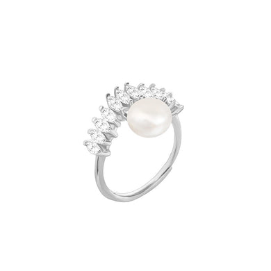 925 Sterling Silver Simple Personality Geometric Freshwater Pearl Adjustable Ring with Cubic Zirconia