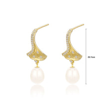Load image into Gallery viewer, 925 Sterling Silver Plated Gold Fashion Temperament Ginkgo Leaf Freshwater Pearl Earrings with Cubic Zirconia