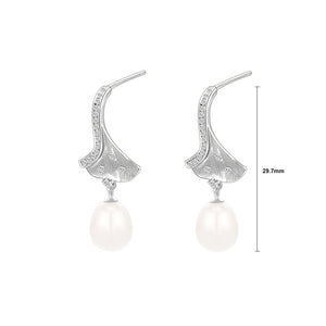 925 Sterling Silver Fashion Temperament Ginkgo Leaf Freshwater Pearl Earrings with Cubic Zirconia