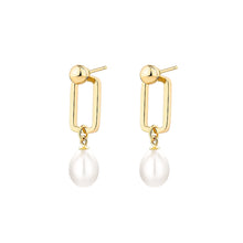 Load image into Gallery viewer, 925 Sterling Silver Plated Gold Simple and Fashion Hollow Geometric Square Earrings with Freshwater Pearls