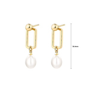 925 Sterling Silver Plated Gold Simple and Fashion Hollow Geometric Square Earrings with Freshwater Pearls