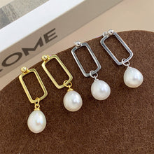Load image into Gallery viewer, 925 Sterling Silver Plated Gold Simple and Fashion Hollow Geometric Square Earrings with Freshwater Pearls